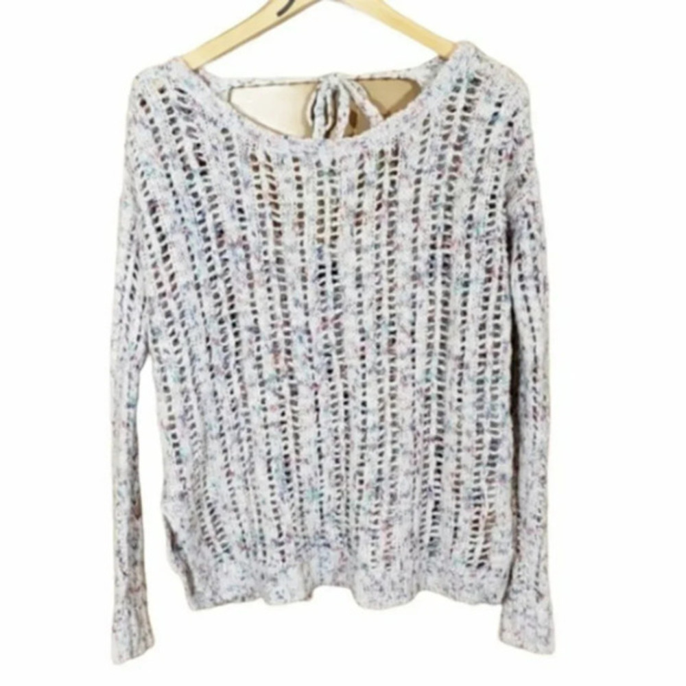 American Eagle Sweater Small Cream Multi Open Knit Tie Back Confetti Boho